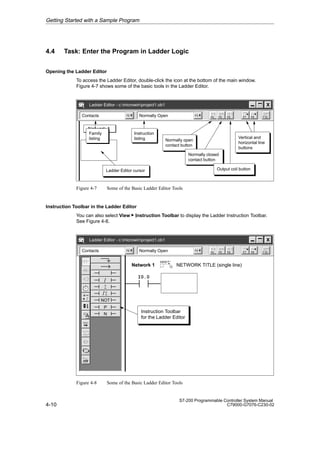 4-10
S7-200 Programmable Controller System Manual
C79000-G7076-C230-02
4.4 Task: Enter the Program in Ladder Logic
Opening the Ladder Editor
To access the Ladder Editor, double-click the icon at the bottom of the main window.
Figure 4-7 shows some of the basic tools in the Ladder Editor.
Contacts Normally Open
Network 1
F4 F5 F8
F7
F6 F10
F3
F2
Ladder Editor - c:microwinproject1.ob1
Normally open
contact button
Ladder Editor cursor
Normally closed
contact button
Output coil button
Vertical and
horizontal line
buttons
Family
listing
Instruction
listing
Figure 4-7 Some of the Basic Ladder Editor Tools
Instruction Toolbar in the Ladder Editor
You can also select View  Instruction Toolbar to display the Ladder Instruction Toolbar.
See Figure 4-8.
Contacts Normally Open F4 F5 F8
F7
F6 F10
F3
F2
Ladder Editor - c:microwinproject1.ob1
/I
NOT
/
P
N
I
Instruction Toolbar
for the Ladder Editor
NETWORK TITLE (single line)
I0.0
Network 1
Figure 4-8 Some of the Basic Ladder Editor Tools
Getting Started with a Sample Program
 