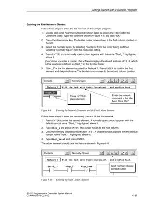 4-11
S7-200 Programmable Controller System Manual
C79000-G7076-C230-02
Entering the First Network Element
Follow these steps to enter the first network of the sample program:
1. Double click on or near the numbered network label to access the Title field in the
Comment Editor. Type the comment shown in Figure 4-9, and click “OK.”
2. Press the down arrow key. The ladder cursor moves down to the first column position on
the left.
3. Select the normally open by selecting “Contacts” from the family listing and then
selecting “Normally Open” from the instruction listing.
4. Press ENTER, and a normally open contact appears with the name “Start_1” highlighted
above it.
(Every time you enter a contact, the software displays the default address of I0.0, which
in this example is defined as Start_1 in the Symbol Table.)
5. “Start_1” is the first element required for Network 1. Press ENTER to confirm the first
element and its symbol name. The ladder cursor moves to the second column position.
Contacts Normally Open
Network 1
F5 F8
F7
F6 F10
F3
F2
Fill the tank with Paint Ingredient 1 and monitor tank.
Enter the network
comment in the title
field. Click “OK.”
Press ENTER to
place element.
“Start_1”
F4
Figure 4-9 Entering the Network Comment and the First Ladder Element
Follow these steps to enter the remaining contacts of the first network:
1. Press ENTER to enter the second element. A normally open contact appears with the
default symbol name “Start_1” highlighted above it.
2. Type Stop_1 and press ENTER. The cursor moves to the next column.
3. Click the normally closed contact button (“F5”). A closed contact appears with the default
symbol name “Start_1” highlighted above it.
4. Type High_Level and press ENTER.
The ladder network should look like the one shown in Figure 4-10.
Contacts Normally Closed
Network 1
F4 F8
F7
F6 F10
F3
F2
Fill the tank with Paint Ingredient 1 and monitor tank.
“Start_1” “Stop_1” “High_Level”
F5
Click normally closed
contact button.
Figure 4-10 Entering the Next Ladder Element
Getting Started with a Sample Program
 
