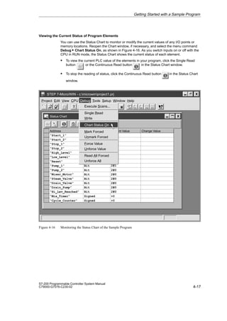 4-17
S7-200 Programmable Controller System Manual
C79000-G7076-C230-02
Viewing the Current Status of Program Elements
You can use the Status Chart to monitor or modify the current values of any I/O points or
memory locations. Reopen the Chart window, if necessary, and select the menu command
Debug  Chart Status On, as shown in Figure 4-16. As you switch inputs on or off with the
CPU in RUN mode, the Status Chart shows the current status of each element.
S To view the current PLC value of the elements in your program, click the Single Read
button or the Continuous Read button in the Status Chart window.
S To stop the reading of status, click the Continuous Read button in the Status Chart
window.
✂
Project Edit View CPU Debug Tools Setup Window Help
STEP 7-Micro/WIN - c:microwinproject1.prj
Status Chart
Address Format Change Value
Current Value
Bit
Bit
Bit
Bit
“Start_1”
Bit
Bit
Bit
Bit
Bit
2#1
2#0
2#1
2#0
“Start_2”
“Stop_1”
“Stop_2”
“High_Level”
“Low_Level”
“Reset”
“Pump_1”
“Pump_2”
“Mixer_Motor”
“Steam_Valve”
“Drain_Valve”
“Drain_Pump”
“Hi_Lev_Reached”
“Mix_Timer”
“Cycle_Counter”
Bit
Bit
Bit
Bit
Signed
Signed
2#0
2#0
2#0
2#1
2#0
2#0
2#0
2#0
2#0
2#0
+0
+0
Bit
Debug
Execute Scans...
Single Read
Write
Chart Status On
Mark Forced
Unmark Forced
Force Value
Unforce Value
Read All Forced
Unforce All
Figure 4-16 Monitoring the Status Chart of the Sample Program
Getting Started with a Sample Program
 