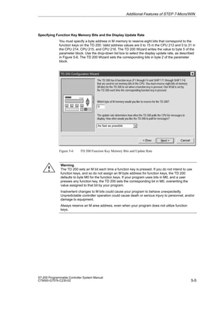 5-5
S7-200 Programmable Controller System Manual
C79000-G7076-C230-02
Specifying Function Key Memory Bits and the Display Update Rate
You must specify a byte address in M memory to reserve eight bits that correspond to the
function keys on the TD 200. Valid address values are 0 to 15 in the CPU 212 and 0 to 31 in
the CPU 214, CPU 215, and CPU 216. The TD 200 Wizard writes the value to byte 5 of the
parameter block. Use the drop-down list box to select the display update rate, as described
in Figure 5-6. The TD 200 Wizard sets the corresponding bits in byte 2 of the parameter
block.
TD 200 Configuration Wizard
Cancel
Next 
The TD 200 has 8 function keys (F1 through F4 and SHIFT F1 through SHIFT F4)
that are used to set memory bits in the CPU. You must reserve eight bits of memory
(M bits) for the TD 200 to set when a function key is pressed. One M bit is set by
the TD 200 each time the corresponding function key is pressed.
 Prev
Which byte of M memory would you like to reserve for the TD 200?
The update rate determines how often the TD 200 polls the CPU for messages to
display. How often would you like the TD 200 to poll for messages?
0
As fast as possible
Figure 5-6 TD 200 Function Key Memory Bits and Update Rate
Warning
The TD 200 sets an M bit each time a function key is pressed. If you do not intend to use
function keys, and so do not assign an M byte address for function keys, the TD 200
defaults to byte M0 for the function keys. If your program uses bits in M0, and a user
presses any function key, the TD 200 sets the corresponding bit in M0, overwriting the
value assigned to that bit by your program.
Inadvertent changes to M bits could cause your program to behave unexpectedly.
Unpredictable controller operation could cause death or serious injury to personnel, and/or
damage to equipment.
Always reserve an M area address, even when your program does not utilize function
keys.
Additional Features of STEP 7-Micro/WIN
!
 