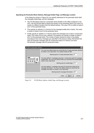 5-7
S7-200 Programmable Controller System Manual
C79000-G7076-C230-02
Specifying the Parameter Block Address, Message Enable Flags, and Message Location
In the dialog box shown in Figure 5-8, you specify addresses for the parameter block itself,
the message enable flags, and the messages.
S The TD 200 always looks for a parameter block identifier at the offset configured in the
CPU. Use the first text field to specify the location of the parameter block if you want it to
reside at a different location than the default address. The value (TD) is written to bytes 0
and 1 of the parameter block.
S Then specify an address in V memory for the message-enable bits to reside. This value
is written to bytes 8 and 9 of the parameter block.
S Finally, specify an address in V memory where the messages are to start in consecutive
bytes. (The value of 32 is only a default.) The address you specify is written to bytes 6
and 7 of the parameter block. The number of bytes required is shown in the dialog
according to how many messages you specified in the previous dialog. Remember that
each 20-character message uses 20 consecutive bytes of V memory, and each
40-character message uses 40 consecutive bytes.
TD 200 Configuration Wizard
Cancel
Next 
You must now define where you would like the 12 byte parameter definition
to reside in your data block. It is usually located at VB0.
 Prev
0
Starting byte for 12 byte parameter block:
12
Starting byte for enable flags:
32
Starting byte for message information:
You have defined 1 messages requiring 1 consecutive bytes for message
enable flags. You must now define where you would like the enable flags to
reside in your data block.
You have defined 1 messages requiring 20 consecutive bytes for the
message information. You must now define where you would like the
message information to reside in your data block.
Figure 5-8 TD 200 Block Address, Enable Flags, and Message Location
Additional Features of STEP 7-Micro/WIN
 