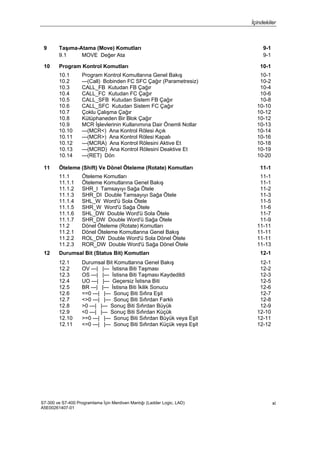 İçindekiler
S7-300 ve S7-400 Programlama İçin Merdiven Mantığı (Ladder Logic, LAD)
A5E00261407-01
xi
9 Taşıma-Atama (Move) Komutları 9-1
9.1 MOVE Değer Ata 9-1
10 Program Kontrol Komutları 10-1
10.1 Program Kontrol Komutlarına Genel Bakış 10-1
10.2 ---(Call) Bobinden FC SFC Çağır (Parametresiz) 10-2
10.3 CALL_FB Kutudan FB Çağır 10-4
10.4 CALL_FC Kutudan FC Çağır 10-6
10.5 CALL_SFB Kutudan Sistem FB Çağır 10-8
10.6 CALL_SFC Kutudan Sistem FC Çağır 10-10
10.7 Çoklu Çalışma Çağır 10-12
10.8 Kütüphaneden Bir Blok Çağır 10-12
10.9 MCR İşlevlerinin Kullanımına Dair Önemli Notlar 10-13
10.10 ---(MCR<) Ana Kontrol Rölesi Açık 10-14
10.11 ---(MCR>) Ana Kontrol Rölesi Kapalı 10-16
10.12 ---(MCRA) Ana Kontrol Rölesini Aktive Et 10-18
10.13 ---(MCRD) Ana Kontrol Rölesini Deaktive Et 10-19
10.14 ---(RET) Dön 10-20
11 Öteleme (Shift) Ve Dönel Öteleme (Rotate) Komutları 11-1
11.1 Öteleme Komutları 11-1
11.1.1 Öteleme Komutlarına Genel Bakış 11-1
11.1.2 SHR_I Tamsayıyı Sağa Ötele 11-2
11.1.3 SHR_DI Double Tamsayıyı Sağa Ötele 11-3
11.1.4 SHL_W Word'ü Sola Ötele 11-5
11.1.5 SHR_W Word'ü Sağa Ötele 11-6
11.1.6 SHL_DW Double Word'ü Sola Ötele 11-7
11.1.7 SHR_DW Double Word'ü Sağa Ötele 11-9
11.2 Dönel Öteleme (Rotate) Komutları 11-11
11.2.1 Dönel Öteleme Komutlarına Genel Bakış 11-11
11.2.2 ROL_DW Double Word'ü Sola Dönel Ötele 11-11
11.2.3 ROR_DW Double Word'ü Sağa Dönel Ötele 11-13
12 Durumsal Bit (Status Bit) Komutları 12-1
12.1 Durumsal Bit Komutlarına Genel Bakış 12-1
12.2 OV ---| |--- İstisna Biti Taşması 12-2
12.3 OS ---| |--- İstisna Biti Taşması Kaydedildi 12-3
12.4 UO ---| |--- Geçersiz İstisna Biti 12-5
12.5 BR ---| |--- İstisna Biti İkilik Sonucu 12-6
12.6 ==0 ---| |--- Sonuç Biti Sıfıra Eşit 12-7
12.7 <>0 ---| |--- Sonuç Biti Sıfırdan Farklı 12-8
12.8 >0 ---| |--- Sonuç Biti Sıfırdan Büyük 12-9
12.9 <0 ---| |--- Sonuç Biti Sıfırdan Küçük 12-10
12.10 >=0 ---| |--- Sonuç Biti Sıfırdan Büyük veya Eşit 12-11
12.11 <=0 ---| |--- Sonuç Biti Sıfırdan Küçük veya Eşit 12-12
 