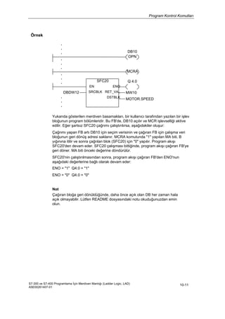 Program Kontrol Komutları
S7-300 ve S7-400 Programlama İçin Merdiven Mantığı (Ladder Logic, LAD)
A5E00261407-01
10-11
Örnek
.
.
.
.
.
.
.
.
.
DBDW12
.
.
.
SFC20
EN ENO
SRCBLK RET_VAL
DSTBLK
DB10
OPN
MCRA
Q 4.0
MW10
MOTOR.SPEED
Yukarıda gösterilen merdiven basamakları, bir kullanıcı tarafından yazılan bir işlev
bloğunun program bölümleridir. Bu FB'de, DB10 açılır ve MCR işlevselliği aktive
edilir. Eğer şartsız SFC20 çağrımı çalıştırılırsa, aşağıdakiler oluşur:
Çağrımı yapan FB artı DB10 için seçim verisinin ve çağıran FB için çalışma veri
bloğunun geri dönüş adresi saklanır. MCRA komutunda "1" yapılan MA biti, B
yığınına itilir ve sonra çağrılan blok (SFC20) için "0" yapılır. Program akışı
SFC20'den devam eder. SFC20 çalışması bittiğinde, program akışı çağıran FB'ye
geri döner. MA biti önceki değerine döndürülür.
SFC20'nin çalıştırılmasından sonra, program akışı çağıran FB'den ENO'nun
aşağıdaki değerlerine bağlı olarak devam eder:
ENO = "1" Q4.0 = "1"
ENO = "0" Q4.0 = "0"
Not
Çağıran bloğa geri dönüldüğünde, daha önce açık olan DB her zaman hala
açık olmayabilir. Lütfen README dosyasındaki notu okuduğunuzdan emin
olun.
 