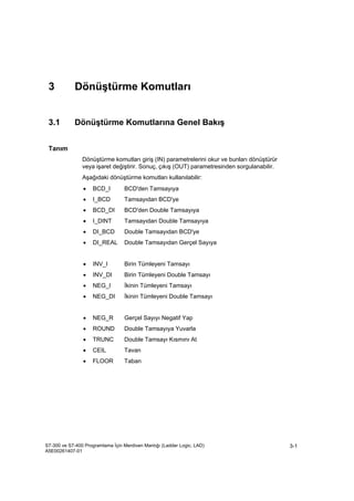 Dönüştürme Komutları
S7-300 ve S7-400 Programlama İçin Merdiven Mantığı (Ladder Logic, LAD)
A5E00261407-01
3-1
3 Dönüştürme Komutları
3.1 Dönüştürme Komutlarına Genel Bakış
Tanım
Dönüştürme komutları giriş (IN) parametrelerini okur ve bunları dönüştürür
veya işaret değiştirir. Sonuç, çıkış (OUT) parametresinden sorgulanabilir.
Aşağıdaki dönüştürme komutları kullanılabilir:
• BCD_I BCD'den Tamsayıya
• I_BCD Tamsayıdan BCD'ye
• BCD_DI BCD'den Double Tamsayıya
• I_DINT Tamsayıdan Double Tamsayıya
• DI_BCD Double Tamsayıdan BCD'ye
• DI_REAL Double Tamsayıdan Gerçel Sayıya
• INV_I Birin Tümleyeni Tamsayı
• INV_DI Birin Tümleyeni Double Tamsayı
• NEG_I İkinin Tümleyeni Tamsayı
• NEG_DI İkinin Tümleyeni Double Tamsayı
• NEG_R Gerçel Sayıyı Negatif Yap
• ROUND Double Tamsayıya Yuvarla
• TRUNC Double Tamsayı Kısmını At
• CEIL Tavan
• FLOOR Taban
 