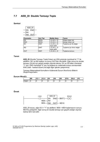 Tamsayı Matematiksel Komutları
S7-300 ve S7-400 Programlama İçin Merdiven Mantığı (Ladder Logic, LAD)
A5E00261407-01
7-7
7.7 ADD_DI Double Tamsayı Topla
Sembol
ADD_DI
EN
IN1
IN2
ENO
OUT
Parametre Veri Tipi Bellek Alanı Tanım
EN BOOL I, Q, M, L, D Girişe imkan ver
ENO BOOL I, Q, M, L, D Çıkışa imkan ver
IN1 DINT I, Q, M, L, D
veya sabit
Toplama için ilk değer
IN2 DINT I, Q, M, L, D
veya sabit
Toplama için ikinci değer
OUT DINT I, Q, M, L, D Toplama sonucu
Tanım
ADD_DI (Double Tamsayı Topla) İmkan ver (EN) girişinde mantıksal bir "1" ile
aktiflenir. IN1 ve IN2 toplanır ve sonuç OUT'dan okunabilir. Eğer sonuç bir double
tamsayı (32-bit) için geçerli aralığın dışında kalırsa, OV ve OS bitleri mantıksal
"1" olur, ENO mantıksal "0" olur ve böylece bu matematik kutusu sonrasındaki
ENO (katlı - kaskad düzeni) ile bağlı diğer işlevler çalıştırılmaz.
Tamsayı Matematiksel Komutlarını Kullanarak Durum Word'ünün Bitlerini
Oluşturmaya bakın.
Durum Word'ü
BR CC 1 CC 0 OV OS OR STA RLO /FC
Değeri: X X X X X 0 X X 1
Örnek
I 0.0 ADD_DI Q 4.0
MD0
MD4
EN
IN1
IN2
ENO
OUT
NOT S
MD10
ADD_DI kutusu, eğer I0.0 = "1" ise aktiflenir. MD0 + MD4 toplamasının sonucu
MD10'a yerleştirilir. Eğer sonuç bir double tamsayı için geçerli aralığın dışında
kalırsa Q4.0 set edilir.
 