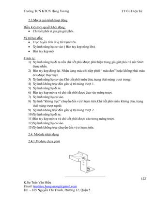 Trƣờng TCN KTCN Hùng Vƣơng TT Cơ Điện Tử
122
K.Sƣ Trần Văn Hiếu
Email: tranhieu.hungvuong@gmail.com
161 – 165 Nguyễn Chí Thanh, Phƣờng 12, Quận 5
2.3.Mô tả quá trình hoạt động
Điều kiện tiên quyết khởi động:
Chi tiết phôi ở giá giá giứ phôi.
Vị trí ban đầu:
Trục tuyến tính ở vị trí trạm trên.
Xylanh nâng hạ co vào ( Bàn tay kẹp nâng lên).
Bàn tay kẹp mở.
Trình tự:
1) Xylanh nâng hạ đi ra nếu chi tiết phôi đƣợc phát hiện trong giá giữ phôi và nút Start
đƣợc nhấn.
2) Bàn tay kẹp đóng lại. Nhận dạng màu chi tiếp phôi “ màu đen” hoặc không phải màu
đen đƣợc thực hiện.
3) Xylanh nâng hạ co vào.Chi tiết phôi màu đen, trạng thái máng trƣợt trong:
4) Xylanh không trục đến gần vị trí máng trƣợt 1.
5) Xylanh nâng hạ đi ra.
6) Bàn tay kẹp mở ra và chi tiết phôi đƣợc đƣa vào máng trƣợt.
7) Xylanh nâng hạ co vào.
8) Xylanh “không trục” chuyển đến vị trí trạm trên.Chi tiết phôi màu không đen, trạng
thái máng trƣợt ngoài:
9) Xylanh không trục đến gần vị trí máng trƣợt 2.
10)Xylanh nâng hạ đi ra.
11)Bàn tay kẹp mở ra và chi tiết phôi đƣợc vào trong máng trƣợt.
12)Xylanh nâng hạ co vào.
13)Xylanh không trục chuyển đến vị trí trạm trên.
2.4. Module nhận dạng
2.4.1.Module chứa phôi
 