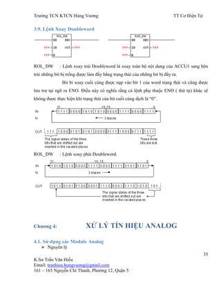 Trƣờng TCN KTCN Hùng Vƣơng TT Cơ Điện Tử
35
K.Sƣ Trần Văn Hiếu
Email: tranhieu.hungvuong@gmail.com
161 – 165 Nguyễn Chí Thanh, Phƣờng 12, Quận 5
3.9. Lệnh Xoay Doubleword
ROL_DW : Lệnh xoay trái Doubleword là xoay toàn bộ nội dung của ACCU1 sang bên
trái những bit bị trống đƣợc làm đầy bằng trạng thái của những bit bị đẩy ra.
Bit bi xoay cuối cùng đƣợc nạp vào bit 1 của word trạng thái và cũng đƣợc
lƣu trƣ tại ngõ ra ENO. Điều này có nghĩa rằng cá lệnh phụ thuộc ENO ( thứ tự) khác sẽ
không đƣợc thực hiện khi trạng thái của bit cuối cùng dịch là “0”.
ROL_DW : Lệnh xoay phải Doubleword.
Chƣơng 4: XỬ LÝ TÍN HIỆU ANALOG
4.1. Sử dụng các Module Analog
 Nguyên lý
 