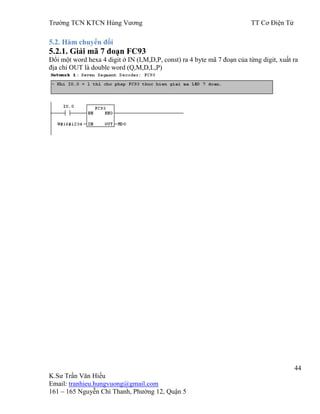Trƣờng TCN KTCN Hùng Vƣơng TT Cơ Điện Tử
44
K.Sƣ Trần Văn Hiếu
Email: tranhieu.hungvuong@gmail.com
161 – 165 Nguyễn Chí Thanh, Phƣờng 12, Quận 5
5.2. Hàm chuyển đổi
5.2.1. Giải mã 7 đoạn FC93
Đổi một word hexa 4 digit ở IN (I,M,D,P, const) ra 4 byte mã 7 đoạn của từng digit, xuất ra
địa chỉ OUT là double word (Q,M,D,L,P)
 