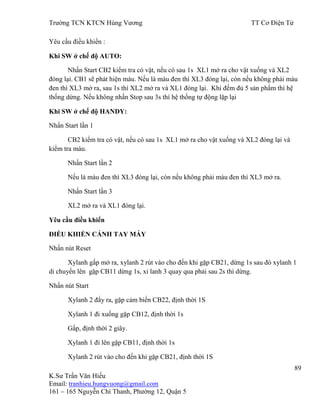 Trƣờng TCN KTCN Hùng Vƣơng TT Cơ Điện Tử
89
K.Sƣ Trần Văn Hiếu
Email: tranhieu.hungvuong@gmail.com
161 – 165 Nguyễn Chí Thanh, Phƣờng 12, Quận 5
Yêu cầu điều khiển :
Khi SW ở chế độ AUTO:
Nhấn Start CB2 kiểm tra có vật, nếu có sau 1s XL1 mở ra cho vật xuống và XL2
đóng lại. CB1 sẽ phát hiện màu. Nếu là màu đen thì XL3 đóng lại, còn nếu không phải màu
đen thì XL3 mở ra, sau 1s thì XL2 mở ra và XL1 đóng lại. Khi đếm đủ 5 sản phẩm thì hệ
thống dừng. Nếu không nhấn Stop sau 3s thì hệ thống tự động lặp lại
Khi SW ở chế độ HANDY:
Nhấn Start lần 1
CB2 kiểm tra có vật, nếu có sau 1s XL1 mở ra cho vật xuống và XL2 đóng lại và
kiểm tra màu.
Nhấn Start lần 2
Nếu là màu đen thì XL3 đóng lại, còn nếu không phải màu đen thì XL3 mở ra.
Nhấn Start lần 3
XL2 mở ra và XL1 đóng lại.
Yêu cầu điều khiển
ĐIỀU KHIỂN CÁNH TAY MÁY
Nhấn nút Reset
Xylanh gấp mở ra, xylanh 2 rút vào cho đến khi gặp CB21, dừng 1s sau đó xylanh 1
di chuyển lên gặp CB11 dừng 1s, xi lanh 3 quay qua phải sau 2s thì dừng.
Nhấn nút Start
Xylanh 2 đẩy ra, gặp cảm biến CB22, định thời 1S
Xylanh 1 đi xuống gặp CB12, định thời 1s
Gấp, định thời 2 giây.
Xylanh 1 đi lên gặp CB11, định thời 1s
Xylanh 2 rút vào cho đến khi gặp CB21, định thời 1S
 