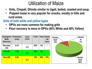 Utilization of Maize
 • Grits, Chapati, Dhindo similar to Ugali, boiled, roasted and soup.
 • Popped maize is very popular for snacks, mostly in hills and
    rural areas.
Grits of both white and yellow types
 • OPVs are more common for making grits
 • Flour recovery is more in OPVs (45% White and 40% Yellow)

Ecological Production   Yield    Food Feed Indust   Poultry   Industri
  Belts      (mmt)      (t/ha)               rial    feed        al
(Districts)                                 Uses     13%        1%
Mountain      0.18               96%   4%     -
                         2.0
  (16)
 Hill (39)    1.30               95%   5%     -
                         2.2

Terai (20)    0.38               10%   80%   10%              Human
                         2.3                                   food
                                                               86%
                                                                         7
 