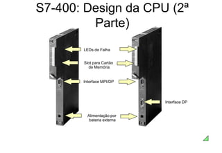 S7-400: Design da CPU (2ª
Parte)
Slot para Cartão
de Memória
Interface MPI/DP
Alimentação por
bateria externa
Interface DP
LEDs de Falha
 
