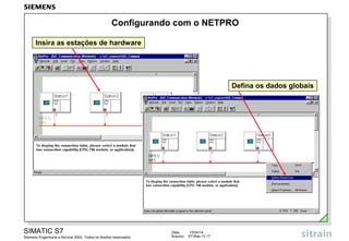 Data: 15/04/14
Arquivo: S7-Bas-13.17
SIMATIC S7
Siemens Engenharia e Service 2002. Todos os direitos reservados.
Configurando com o NETPRO
Insira as estações de hardware
Defina os dados globais
 