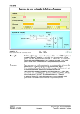 SITRAIN Training for
Automation and Drives
Programação Básica em STEP 7
Funções e Blocos de FunçõesPágina 9-8
Descrição Problemas (falhas) que ocorrem devem ser exibidas por um LED no púlpito do
operador. Quando o problema (I 1.3) ocorre, o LED (Q 8.3 ou Q 4.3) deve
piscar com 2Hz. O problema é reconhecido na entrada I 1.2. Se o problema
for corrigido, o LED pára de piscar. Se o problema continuar, o LED muda
para o estado aceso permanente até que o problema esteja corrigido.
Programa Para que mesmo os problemas existentes por curtos períodos de tempo não
sejam perdidos é utilizado um flip flop com set dominante (M40.0).
Uma detecção de flanco do RLO do sinal da mensagem é utilizado, para que
a memória possa sofrer reset quando a falha é reconhecida.
Se a memória for setada (a falha ainda não foi reconhecida), a lógica AND
superior faz com que o LED pisque. Com isso, o bit memory M10.3, definido
como clock memory durante a parametrização da CPU, é avaliado.
A operação lógica AND inferior é utilizada para provocar o estado aceso
permanente caso a falha seja reconhecida e o problema persistir.
SIMATIC S7
Siemens Engenharia e Service 2002. Todos os direitos reservados.
Data: 11/9/2007
Arquivo: S7-Bas-09.8
Exemplo de uma Indicação de Falha no Processo
Falha
LED
Reconhecimento
Memória
Mem. Flanco
Entrada Falha
Reconh.
Pulsos
Entrada Falha
Display
RS
&
=
>=1&QS
R
P
Memória
Memória
Sugestão de Solução
Objetivo
 