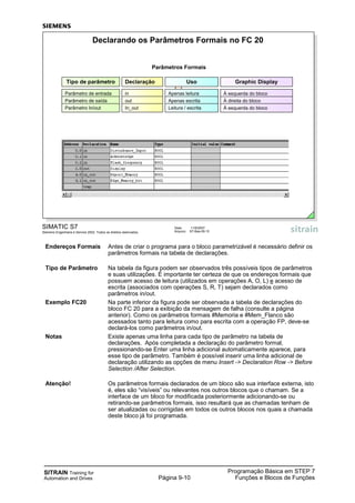 SITRAIN Training for
Automation and Drives
Programação Básica em STEP 7
Funções e Blocos de FunçõesPágina 9-10
SIMATIC S7
Siemens Engenharia e Service 2002. Todos os direitos reservados.
Data: 11/9/2007
Arquivo: S7-Bas-09.10
Declarando os Parâmetros Formais no FC 20
Uso Graphic Display
Apenas leitura À esquerda do bloco
Apenas escrita À direita do bloco
Tipo de parâmetro
Parâmetro de entrada
Parâmetro de saída
Parâmetro In/out
Declaração
in
out
In_out Leitura / escrita À esquerda do bloco
Parâmetros Formais
Endereços Formais Antes de criar o programa para o bloco parametrizável é necessário definir os
parâmetros formais na tabela de declarações.
Tipo de Parâmetro Na tabela da figura podem ser observados três possíveis tipos de parâmetros
e suas utilizações. É importante ter certeza de que os endereços formais que
possuem acesso de leitura (utilizados em operações A, O, L) e acesso de
escrita (associados com operações S, R, T) sejam declarados como
parâmetros in/out.
Exemplo FC20 Na parte inferior da figura pode ser observada a tabela de declarações do
bloco FC 20 para a exibição da mensagem de falha (consulte a página
anterior). Como os parâmetros formais #Memoria e #Mem_Flanco são
acessados tanto para leitura como para escrita com a operação FP, deve-se
declará-los como parâmetros in/out.
Notas Existe apenas uma linha para cada tipo de parâmetro na tabela de
declarações. Após completada a declaração do parâmetro formal,
pressionando-se Enter uma linha adicional automaticamente aparece, para
esse tipo de parâmetro. Também é possível inserir uma linha adicional de
declaração utilizando as opções de menu Insert -> Declaration Row -> Before
Selection /After Selection.
Atenção! Os parâmetros formais declarados de um bloco são sua interface externa, isto
é, eles são “visíveis” ou relevantes nos outros blocos que o chamam. Se a
interface de um bloco for modificada posteriormente adicionando-se ou
retirando-se parâmetros formais, isso resultará que as chamadas tenham de
ser atualizadas ou corrigidas em todos os outros blocos nos quais a chamada
deste bloco já foi programada.
 