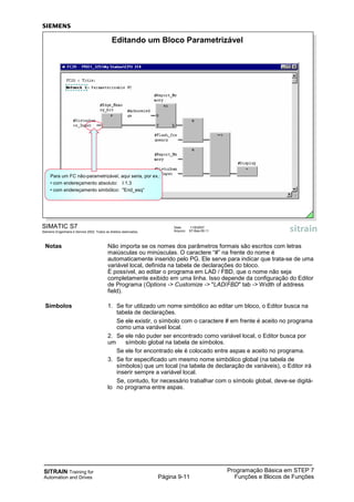 SITRAIN Training for
Automation and Drives
Programação Básica em STEP 7
Funções e Blocos de FunçõesPágina 9-11
SIMATIC S7
Siemens Engenharia e Service 2002. Todos os direitos reservados.
Data: 11/9/2007
Arquivo: S7-Bas-09.11
Editando um Bloco Parametrizável
Para um FC não-parametrizável, aqui seria, por ex.:
• com endereçamento absoluto: I 1.3
• com endereçamento simbólico: "End_esq“
Notas Não importa se os nomes dos parâmetros formais são escritos com letras
maiúsculas ou minúsculas. O caractere “#” na frente do nome é
automaticamente inserido pelo PG. Ele serve para indicar que trata-se de uma
variável local, definida na tabela de declarações do bloco.
É possível, ao editar o programa em LAD / FBD, que o nome não seja
completamente exibido em uma linha. Isso depende da configuração do Editor
de Programa (Options -> Customize -> "LAD/FBD" tab -> Width of address
field).
Símbolos 1. Se for utilizado um nome simbólico ao editar um bloco, o Editor busca na
tabela de declarações.
Se ele existir, o símbolo com o caractere # em frente é aceito no programa
como uma variável local.
2. Se ele não puder ser encontrado como variável local, o Editor busca por
um símbolo global na tabela de símbolos.
Se ele for encontrado ele é colocado entre aspas e aceito no programa.
3. Se for especificado um mesmo nome simbólico global (na tabela de
símbolos) que um local (na tabela de declaração de variáveis), o Editor irá
inserir sempre a variável local.
Se, contudo, for necessário trabalhar com o símbolo global, deve-se digitá-
lo no programa entre aspas.
 