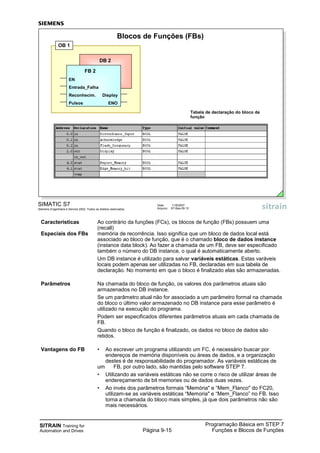 SITRAIN Training for
Automation and Drives
Programação Básica em STEP 7
Funções e Blocos de FunçõesPágina 9-15
Características Ao contrário da funções (FCs), os blocos de função (FBs) possuem uma
(recall)
Especiais dos FBs memória de recorrência. Isso significa que um bloco de dados local está
associado ao bloco de função, que é o chamado bloco de dados instance
(instance data block). Ao fazer a chamada de um FB, deve ser especificado
também o número do DB instance, o qual é automaticamente aberto.
Um DB instance é utilizado para salvar variáveis estáticas. Estas varáveis
locais podem apenas ser utilizadas no FB, declaradas em sua tabela de
declaração. No momento em que o bloco é finalizado elas são armazenadas.
Parâmetros Na chamada do bloco de função, os valores dos parâmetros atuais são
armazenados no DB instance.
Se um parâmetro atual não for associado a um parâmetro formal na chamada
do bloco o último valor armazenado no DB instance para esse parâmetro é
utilizado na execução do programa.
Podem ser especificados diferentes parâmetros atuais em cada chamada de
FB.
Quando o bloco de função é finalizado, os dados no bloco de dados são
retidos.
Vantagens do FB • Ao escrever um programa utilizando um FC, é necessário buscar por
endereços de memória disponíveis ou áreas de dados, e a organização
destes é de responsabilidade do programador. As variáveis estáticas de
um FB, por outro lado, são mantidas pelo software STEP 7.
• Utilizando as variáveis estáticas não se corre o risco de utilizar áreas de
endereçamento de bit memories ou de dados duas vezes.
• Ao invés dos parâmetros formais “Memória" e “Mem_Flanco" do FC20,
utilizam-se as variáveis estáticas “Memoria" e “Mem_Flanco” no FB. Isso
torna a chamada do bloco mais simples, já que dois parâmetros não são
mais necessários.
SIMATIC S7
Siemens Engenharia e Service 2002. Todos os direitos reservados.
Data: 11/9/2007
Arquivo: S7-Bas-09.15
Blocos de Funções (FBs)
FB 2
EN
Entrada_Falha
Reconhecim. Display
Pulsos ENO
DB 2
OB 1
Tabela de declaração do bloco de
função
 