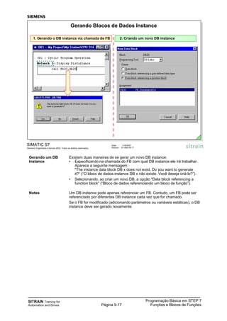 SITRAIN Training for
Automation and Drives
Programação Básica em STEP 7
Funções e Blocos de FunçõesPágina 9-17
Gerando um DB Existem duas maneiras de se gerar um novo DB instance:
Instance • Especificando na chamada do FB com qual DB instance ele irá trabalhar.
Aparece a seguinte mensagem:
"The instance data block DB x does not exist. Do you want to generate
it?“ (“O bloco de dados instance DB x não existe. Você deseja criá-lo?”).
• Selecionando, ao criar um novo DB, a opção "Data block referencing a
function block“ (“Bloco de dados referenciando um bloco de função”).
Notes Um DB instance pode apenas referenciar um FB. Contudo, um FB pode ser
referenciado por diferentes DB instance cada vez que for chamado.
Se o FB for modificado (adicionando parâmetros ou variáveis estáticas), o DB
instance deve ser gerado novamente.
SIMATIC S7
Siemens Engenharia e Service 2002. Todos os direitos reservados.
Data: 11/9/2007
Arquivo: S7-Bas-09.17
Gerando Blocos de Dados Instance
1. Gerando o DB instance via chamada de FB 2. Criando um novo DB instance
 
