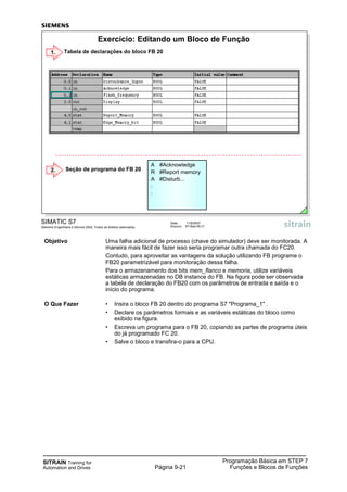 SITRAIN Training for
Automation and Drives
Programação Básica em STEP 7
Funções e Blocos de FunçõesPágina 9-21
SIMATIC S7
Siemens Engenharia e Service 2002. Todos os direitos reservados.
Data: 11/9/2007
Arquivo: S7-Bas-09.21
Exercício: Editando um Bloco de Função
Tabela de declarações do bloco FB 201.
Seção de programa do FB 20
A #Acknowledge
R #Report memory
A #Disturb...
:
:
2.
Objetivo Uma falha adicional de processo (chave do simulador) deve ser monitorada. A
maneira mais fácil de fazer isso seria programar outra chamada do FC20.
Contudo, para aproveitar as vantagens da solução utilizando FB programe o
FB20 parametrizável para monitoração dessa falha.
Para o armazenamento dos bits mem_flanco e memoria, utilize variáveis
estáticas armazenadas no DB instance do FB. Na figura pode ser observada
a tabela de declaração do FB20 com os parâmetros de entrada e saída e o
início do programa.
O Que Fazer • Insira o bloco FB 20 dentro do programa S7 "Programa_1" .
• Declare os parâmetros formais e as variáveis estáticas do bloco como
exibido na figura.
• Escreva um programa para o FB 20, copiando as partes de programa úteis
do já programado FC 20.
• Salve o bloco e transfira-o para a CPU.
 