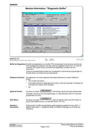 SITRAIN Training for
Automation and Drives
Programação Básica em STEP 7
Procura de DefeitosPágina 10-6
Buffer de DiagnósticoO buffer de diagnóstico é um buffer FIFO armazenado numa área de memória da
CPU protegida por bateria e que não pode ser apagada mesmo com um reset de
memória. Ele contém todos os eventos de diagnóstico na ordem em que
ocorreram.
Todos os acontecimentos podem ser visualizados no terminal de programação no
formato texto e na ordem em que apareceram.
Detalhes do Evento Ao selecionar um evento aparece informação adicional no campo "Details on
Event":
• ID e número do evento,
• informação adicional, dependendo do evento, como por exemplo o endereço da
instrução que originou essa situação,
• etc.
Ajuda do Evento Ao clicar no campo , é fornecida a ajuda do evento selecionado.
(Exemplo: ocorre um erro de programação, e o OB associado (OB 121) não está
programado na CPU).
Abrir Bloco Ao clicar no campo , pode ser aberto o bloco da CPU online no
qual a interrupção ocorreu. (no exemplo acima: "FC 10").
Abrindo a Pode-se abrir o buffer de diagnóstico selecionando as opções de menu PLC -->
Ferramenta Module Information --> Diagnostic Buffer no SIMATIC Manager ou no Editor de
Programa.
SIMATIC S7
Siemens Engenharia e Service 2002. Todos os direitos reservados.
Data: 11/9/2007
Arquivo: S7-Bas-10.6
Module Information: "Diagnostic Buffer"
 