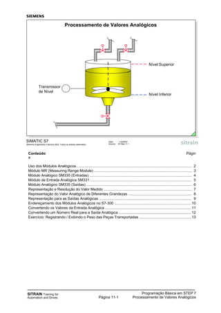 SITRAIN Training for
Automation and Drives
Programação Básica em STEP 7
Processamento de Valores AnalógicosPágina 11-1
Conteúdo Págin
a
Uso dos Módulos Analógicos …............................................................................................................. 2
Módulo MR (Measuring Range Module) ................................................................................................ 3
Módulo Analógico SM335 (Entradas) .................................................................................................... 4
Módulo de Entrada Analógica SM331 ................................................................................................... 5
Módulo Analógico SM335 (Saídas) ....................................................................................................... 6
Representação e Resolução do Valor Medido ...................................................................................... 7
Representação do Valor Analógico de Diferentes Grandezas .............................................................. 8
Representação para as Saídas Analógicas .......................................................................................... 9
Endereçamento dos Módulos Analógicos no S7-300 ........................................................................... 10
Convertendo os Valores da Entrada Analógica .................................................................................... 11
Convertendo um Número Real para a Saída Analógica .......................................................................12
Exercício: Registrando / Exibindo o Peso das Peças Transportadas ...................................................13
SIMATIC S7
Siemens Engenharia e Service 2002. Todos os direitos reservados.
Data: 11/9/2007
Arquivo: S7-Bas-11.1
Processamento de Valores Analógicos
Transmissor
de Nível
Nível Superior
Nível Inferior
 