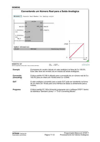 SITRAIN Training for
Automation and Drives
Programação Básica em STEP 7
Processamento de Valores AnalógicosPágina 11-12
Exemplo O programa do usuário calcula um valor analógico na faixa de 0 a 100.0%.
Esse valor deve ser enviado via um módulo de saídas analógicas.
Conversão O bloco padrão FC106 é utilizado para a conversão de um número real de 0 a
(Unscaling) 100.0% para um inteiro em 16-bits entre 0 e +27648.
OUT O valor analógico convertido para a saída OUT pode ser transferido na forma
de um inteiro em 16-bits para uma interface de dados ou diretamente para o
módulo.
Programa O bloco padrão FC 106 é fornecido juntamente com o software STEP 7 dentro
da biblioteca "Standard Library“ -> "TI-S7 Converting Blocks".
SIMATIC S7
Siemens Engenharia e Service 2002. Todos os direitos reservados.
Data: 11/9/2007
Arquivo: S7-Bas-11.12
Convertendo um Número Real para a Saída Analógica
27648
0
0,0 100,0
 