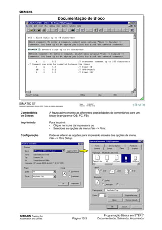 SITRAIN Training for
Automation and Drives
Programação Básica em STEP 7
Documentando, Salvando, ArquivandoPágina 12-3
Comentários A figura acima mostra as diferentes possibilidades de comentários para um
de Blocos bloco de programa (OB, FC, FB).
Imprimindo Para imprimir:
• Clique no ícone da impressora ou
• Selecione as opções de menu File --> Print.
Configuração Pode-se alterar as opções para impressão através das opções de menu
File --> Print Setup.
SIMATIC S7
Siemens Engenharia e Service 2002. Todos os direitos reservados.
Data: 11/9/2007
Arquivo: S7-Bas-12.3
Documentação de Bloco
 