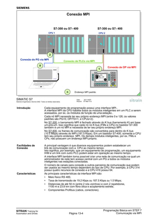 SITRAIN Training for
Automation and Drives
Programação Básica em STEP 7
Comunicação via MPIPágina 13-4
Introdução Cada equipamento de programação possui uma interface MPI..
A interface MPI da CPU habilita todos os módulos inteligentes em um PLC a serem
acessados, por ex. os módulos de função de uma estação..
Cada nó MPI necessita ter seu próprio endereço MPI (entre 0 e 126; os valores
padrões são PG=0, OP/TD=1, e CPUs=2).
No S7-300, o barramento MPI é fechado através do K bus (barramento K) em base
um-pra-um. Isso significa que cada nó no K bus (FMs e CPs) no bastidor S7-300
também é um nó MPI e necessita de ter seu próprio endereço MPI.
No S7-400, os frames de comunicação são convertidos para dentro do K bus
(10.5 Mbps) através do MPI (187.5 Kbps). Em um bastidor S7-400, somente a CPU
tem seu próprio endereço MPI. Os demais módulos inteligentes, por ex. FMs e
CPs, não possuem um endereço MPI próprio.
Facilidades de A principal vantagem é que diversos equipamentos podem estabelecer um
Conexão link de comunicação com a CPU ao mesmo tempo.
Isto significa, por exemplo, que um equipamento de programação, um equipamento
IHM e um link com outro PLC podem estar em operação ao mesmo tempo.
A interface MPI também torna possível criar uma rede de comunicação na qual um
administrador de rede tem acesso central com um PG a todos os módulos
inteligentes nas estações conectadas.
O número de canais para conexão a outros parceiros de comunicação que podem
ser usados ao mesmo tempo dependem do tipo de CPU. Por exemplo, a CPU 314
possui quatro recursos de conexão e a CPU 416 possui 64.
Características As principais características da interface MPI são:
• Meio físico RS 485;
• Taxa de transmissão de 19.2 Kbps ou 187.5 Kbps ou 1.5 Mbps;
• Distancias de até 50 m (entre 2 nós vizinhos) e com 2 repetidores,
1100 m e 23.8 km com fibra ótica e acoplamento estrela;
• Componentes Profibus (cabos, conectores).
Data: 20/11/2007
Arquivo: S7-Bas-13.4
SIMATIC S7
Siemens Engenharia e Service 2002. Todos os direitos reservados.
Conexão MPI
Conexão de PLCs via MPI
S7-300 ou S7- 400
Conexão do PG via MPI
Conexão de OP via MPI
CPU 1 CPU 2
PG 720
S7-300 ou S7- 400
0
1
2
n Endereço MPI padrão
 
