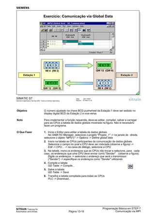 SITRAIN Training for
Automation and Drives
Programação Básica em STEP 7
Comunicação via MPIPágina 13-16
Objetivo O número ajustado na chave BCD pushwheel da Estação 1 deve ser exibido no
display digital BCD da Estação 2 e vice-versa.
Nota Para implementar a função requerida, deve-se editar, compilar, salvar e carregar
para as CPUs a tabela de dados globais mostrada na figura. Não é necessário
fazer um programa.
O Que Fazer 1. Inicie o Editor para editar a tabela de dados globais.
No SIMATIC Manager, selecione o projeto "Projeto_1" -> na janela da direita,
selecione o objeto "MPI(1)" -> Options -> Define global data
2. Insira na tabela as CPUs participantes da comunicação de dados globais.
Selecione o campo no qual a CPU deve ser colocada (observe a figura) ->
Edit -> CPU... -> na caixa de diálogo, selecione a CPU
3. Na tabela, insira os endereços que as CPUs irão trocar e selecione, para cada
caso, os endereços que uma CPU deve enviar como "Sender" (observe a figura).
Digite os endereços -> selecione o endereço que será o transmissor
("Sender“) -> especifique os endereços como "Sender" utilizando
4. Compile a tabela
GD Table -> Compile...
5. Salve a tabela
GD Table -> Save
6. Transfira a tabela compilada para todas as CPUs
PLC -> Download...
Data: 20/11/2007
Arquivo: S7-Bas-13.16
SIMATIC S7
Siemens Engenharia e Service 2002. Todos os direitos reservados.
Exercício: Comunicação via Global Data
Estação 1 Estação 2
IW 4 (IW 2)
QW 12 (QW 6) IW 4 (IW 2)
QW 12 (QW 6)
0 8 1 5 0 8 1 5
4 7 1 14 7 1 1
 