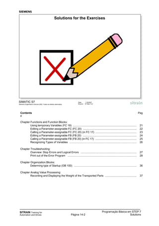 SITRAIN Training for
Automation and Drives
Programação Básica em STEP 7
SolutionsPágina 14-2
SIMATIC S7
Siemens Engenharia e Service 2002. Todos os direitos reservados.
Data: 11/9/2007
Arquivo: S7-Bas-14.2
Solutions for the Exercises
Contents Pag
e
Chapter Functions and Function Blocks:
Using temporary Variables (FC 18) ....................................................................................... 21
Editing a Parameter-assignable FC (FC 20) ......................................................................... 22
Calling a Parameter-assignable FC (FC 20) (in FC 17) ........................................................ 23
Editing a Parameter-assignable FB (FB 20) ......................................................................... 24
Calling a Parameter-assignable FB (FB 20) (in FC 17) ........................................................ 25
Recognizing Types of Variables ........................................................................................... 26
Chapter Troubleshooting:
Overview: Stop Errors and Logical Errors ............................................................................ 27
Print out of the Error Program .............................................................................................. 28
Chapter Organization Blocks:
Determing type of Startup (OB 100) ..................................................................................... 36
Chapter Analog Value Processing:
Recording and Displaying the Weight of the Transported Parts ........................................... 37
 