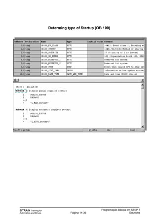 SITRAIN Training for
Automation and Drives
Programação Básica em STEP 7
SolutionsPágina 14-36
Determing type of Startup (OB 100)
 