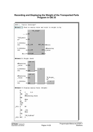 SITRAIN Training for
Automation and Drives
Programação Básica em STEP 7
SolutionsPágina 14-38
Recording and Displaying the Weight of the Transported Parts
Program in OB 35
 