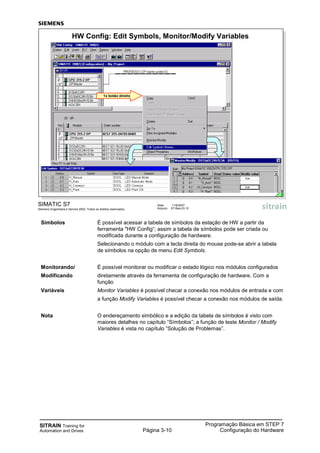 SITRAIN Training for
Automation and Drives Página 3-10
Programação Básica em STEP 7
Configuração do Hardware
SIMATIC S7
Siemens Engenharia e Service 2002. Todos os direitos reservados.
Data: 11/9/2007
Arquivo: S7-Bas-03.10
HW Config: Edit Symbols, Monitor/Modify Variables
1x botão direito
Símbolos É possível acessar a tabela de símbolos da estação de HW a partir da
ferramenta "HW Config“; assim a tabela de símbolos pode ser criada ou
modificada durante a configuração de hardware.
Selecionando o módulo com a tecla direita do mouse pode-se abrir a tabela
de símbolos na opção de menu Edit Symbols.
Monitorando/ É possível monitorar ou modificar o estado lógico nos módulos configurados
Modificando diretamente através da ferramenta de configuração de hardware. Com a
função
Variáveis Monitor Variables é possível checar a conexão nos módulos de entrada e com
a função Modify Variables é possível checar a conexão nos módulos de saída.
Nota O endereçamento simbólico e a edição da tabela de símbolos é visto com
maiores detalhes no capítulo “Símbolos”; a função de teste Monitor / Modify
Variables é vista no capítulo “Solução de Problemas”.
 