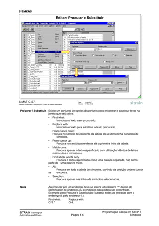 SITRAIN Training for
Automation and Drives Página 4-5
Programação Básica em STEP 7
Símbolos
Procurar / Substituir Existe um conjunto de opções disponíveis para encontrar e substituir texto na
janela que está ativa:
• Find what:
Introduza o texto a ser procurado.
• Replace with:
Introduza o texto para substituir o texto procurado.
• From cursor down:
Procura no sentido descendente da tabela até à última linha da tabela de
símbolos.
• From cursor up:
Procura no sentido ascendente até a primeira linha da tabela.
• Match case:
Procura apenas o texto especificado com utilização idêntica de letras
maiúsculas e minúsculas.
• Find whole words only:
Procura o texto especificado como uma palavra separada, não como
parte de uma palavra maior.
• All:
Procura em toda a tabela de símbolos, partindo da posição onde o cursor
se encontra.
• Selection:
Procura apenas nas linhas de símbolos selecionadas.
Nota Ao procurar por um endereço deve-se inserir um caratere “*” depois do
identificador de endereço, ou o endereço não poderá ser encontrado.
Exemplo: para Procura e Substituição (substitui todas as entradas com o
endereço 8. pelo endereço 4.):
Find what: Replace with:
Q*8.* Q 4.
SIMATIC S7
Siemens Engenharia e Service 2002. Todos os direitos reservados.
Data: 11/9/2007
Arquivo: S7-Bas-04.5
Editar: Procurar e Substituir
 