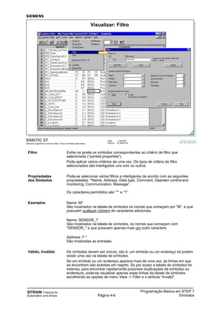 SITRAIN Training for
Automation and Drives Página 4-6
Programação Básica em STEP 7
Símbolos
Filtro Exibe na janela os símbolos correspondentes ao critério de filtro que
selecionado (“symbol properties").
Pode aplicar vários critérios de uma vez. Os tipos de critério de filtro
selecionados são interligados uns com os outros.
Propriedades Pode-se selecionar vários filtros e interligá-los de acordo com as seguintes
dos Símbolos propriedades: “Name, Address, Data type, Comment, Operator control and
monitoring, Communication, Message“.
Os caracteres permitidos são “*” e “?”.
Exemplos Name: M*
São mostrados na tabela de símbolos os nomes que começam por "M“, e que
possuem qualquer número de caracteres adicionais.
Name: SENSOR_?
São mostrados na tabela de símbolos, os nomes que começam com
"SENSOR_" e que possuem apenas mais um outro caractere.
Address: I*.*
São mostradas as entradas.
Válido, Inválido Os símbolos devem ser únicos, isto é, um símbolo ou um endereço só podem
existir uma vez na tabela de símbolos.
Se um símbolo ou um endereço aparece mais de uma vez, as linhas em que
se encontram são exibidas em negrito. Se por acaso a tabela de símbolos for
extensa, para encontrar rapidamente possíveis duplicações de símbolos ou
endereços, pode-se visualizar apenas estas linhas da tabela de símbolos
escolhendo as opções de menu View -> Filter e o atributo “Invalid".
SIMATIC S7
Siemens Engenharia e Service 2002. Todos os direitos reservados.
Data: 11/9/2007
Arquivo: S7-Bas-04.6
Visualizar: Filtro
 