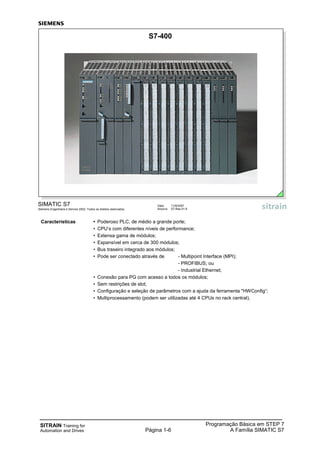 Programação Básica em STEP 7
A Família SIMATIC S7
SITRAIN Training for
Automation and Drives Página 1-6
Características • Poderoso PLC, de médio a grande porte;
• CPU’s com diferentes níveis de performance;
• Extensa gama de módulos;
• Expansível em cerca de 300 módulos;
• Bus traseiro integrado aos módulos;
• Pode ser conectado através de - Multipoint Interface (MPI);
- PROFIBUS; ou
- Industrial Ethernet;
• Conexão para PG com acesso a todos os módulos;
• Sem restrições de slot;
• Configuração e seleção de parâmetros com a ajuda da ferramenta "HWConfig“;
• Multiprocessamento (podem ser utilizadas até 4 CPUs no rack central).
Data: 11/9/2007
Arquivo: S7-Bas-01.6
SIMATIC S7
Siemens Engenharia e Service 2002. Todos os direitos reservados.
S7-400
 