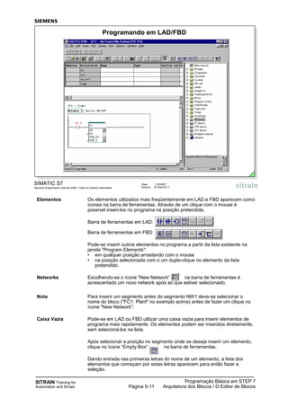 SITRAIN Training for
Automation and Drives
Programação Básica em STEP 7
Arquitetura dos Blocos / O Editor de BlocosPágina 5-11
Elementos Os elementos utilizados mais freqüentemente em LAD e FBD aparecem como
ícones na barra de ferramentas. Através de um clique com o mouse é
possível inseri-los no programa na posição pretendida.
Barra de ferramentas em LAD:
Barra de ferramentas em FBD:
Pode-se inserir outros elementos no programa a partir da lista existente na
janela "Program Elements":
• em qualquer posição arrastando com o mouse
• na posição selecionada com o um duplo-clique no elemento da lista
pretendido.
Networks Escolhendo-se o ícone "New Network“ na barra de ferramentas é
acrescentado um novo network após ao que estiver selecionado.
Nota Para inserir um segmento antes do segmento NW1 deve-se selecionar o
nome do bloco ("FC1: Plant" no exemplo acima) antes de fazer um clique no
ícone "New Network".
Caixa Vazia Pode-se em LAD ou FBD utilizar uma caixa vazia para inserir elementos de
programa mais rapidamente. Os elementos podem ser inseridos diretamente,
sem selecioná-los na lista.
Após selecionar a posição no segmento onde se deseja inserir um elemento,
clique no ícone “Empty Box“ na barra de ferramentas.
Dando entrada nas primeiras letras do nome de um elemento, a lista dos
elementos que começam por estas letras aparecem para então fazer a
seleção.
SIMATIC S7
Siemens Engenharia e Service 2002. Todos os direitos reservados.
Data: 11/9/2007
Arquivo: S7-Bas-05.11
Programando em LAD/FBD
 