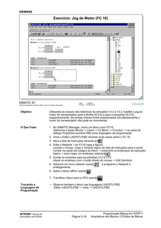 SITRAIN Training for
Automation and Drives
Programação Básica em STEP 7
Arquitetura dos Blocos / O Editor de BlocosPágina 5-18
Objetivo Utilizando as chaves não-retentivas do simulador I 0.2 e I 0.3, habilite o jog do
motor do transportador para a direita (Q 5.5) e para a esquerda (Q 5.6),
respectivamente. Se ambas chaves forem pressionadas simultaneamente o
motor do transportador não pode se movimentar.
O Que Fazer 1. No SIMATIC Manager, insira um bloco novo FC16.
Selecione a pasta Blocks -> Insert -> S7 Block -> Function -> na caixa de
diálogo Properties escolha FBD como linguagem de programação
2. Inicie o Editor LAD/STL/FBD clicando duas vezes sobre o FC 16
3. Abra a lista de instruções clicando em
4. Edite o Network 1 do FC16 (veja a figura)
usando o mouse, copie o símbolo lógico da lista de instruções para o ponto
correto na seção de códigos do bloco -> preencha os endereços da operação
lógica -> para negar um endereço selecione
5. Corrija os símbolos para as entradas I 0.2 e I 0.3
clique no endereço com o botão direito do mouse -> Edit Symbols...
5. Adicione um novo network usando e programe o Network 2
analogamente
6. Salve o bloco offline usando
7. Transfira o bloco para a CPU usando
Trocando a • Observe também o bloco nas linguagens LAD/STL/FBD.
Linguagem de Editor LAD/STL/FBD -> View -> LAD/STL/FBD
Programação
SIMATIC S7
Siemens Engenharia e Service 2002. Todos os direitos reservados.
Data: 11/9/2007
Arquivo: S7-Bas-05.18
Exercício: Jog de Motor (FC 16)
(Q 20.5)
 