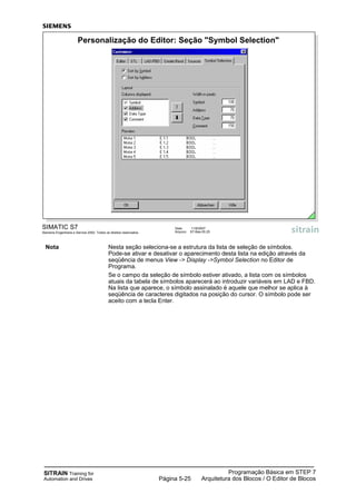 SITRAIN Training for
Automation and Drives
Programação Básica em STEP 7
Arquitetura dos Blocos / O Editor de BlocosPágina 5-25
Nota Nesta seção seleciona-se a estrutura da lista de seleção de símbolos.
Pode-se ativar e desativar o aparecimento desta lista na edição através da
seqüência de menus View -> Display ->Symbol Selection no Editor de
Programa.
Se o campo da seleção de símbolo estiver ativado, a lista com os símbolos
atuais da tabela de símbolos aparecerá ao introduzir variáveis em LAD e FBD.
Na lista que aparece, o símbolo assinalado é aquele que melhor se aplica à
seqüência de caracteres digitados na posição do cursor. O símbolo pode ser
aceito com a tecla Enter.
SIMATIC S7
Siemens Engenharia e Service 2002. Todos os direitos reservados.
Data: 11/9/2007
Arquivo: S7-Bas-05.25
Personalização do Editor: Seção "Symbol Selection"
 