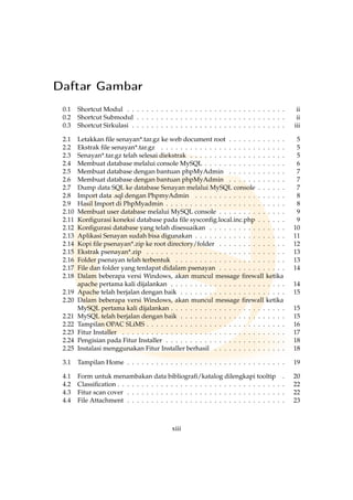 Daftar Gambar
0.1 Shortcut Modul . . . . . . . . . . . . . . . . . . . . . . . . . . . . . . . . . ii
0.2 Shortcut Submodul . . . . . . . . . . . . . . . . . . . . . . . . . . . . . . . ii
0.3 Shortcut Sirkulasi . . . . . . . . . . . . . . . . . . . . . . . . . . . . . . . . iii
2.1 Letakkan ﬁle senayan*.tar.gz ke web document root . . . . . . . . . . . . 5
2.2 Ekstrak ﬁle senayan*.tar.gz . . . . . . . . . . . . . . . . . . . . . . . . . . 5
2.3 Senayan*.tar.gz telah selesai diekstrak . . . . . . . . . . . . . . . . . . . . 5
2.4 Membuat database melalui console MySQL . . . . . . . . . . . . . . . . . 6
2.5 Membuat database dengan bantuan phpMyAdmin . . . . . . . . . . . . 7
2.6 Membuat database dengan bantuan phpMyAdmin . . . . . . . . . . . . 7
2.7 Dump data SQL ke database Senayan melalui MySQL console . . . . . . 7
2.8 Import data .sql dengan PhpmyAdmin . . . . . . . . . . . . . . . . . . . 8
2.9 Hasil Import di PhpMyadmin . . . . . . . . . . . . . . . . . . . . . . . . . 8
2.10 Membuat user database melalui MySQL console . . . . . . . . . . . . . . 9
2.11 Konﬁgurasi koneksi database pada ﬁle sysconﬁg.local.inc.php . . . . . . 9
2.12 Konﬁgurasi database yang telah disesuaikan . . . . . . . . . . . . . . . . 10
2.13 Aplikasi Senayan sudah bisa digunakan . . . . . . . . . . . . . . . . . . . 11
2.14 Kopi ﬁle psenayan*.zip ke root directory/folder . . . . . . . . . . . . . . 12
2.15 Ekstrak psenayan*.zip . . . . . . . . . . . . . . . . . . . . . . . . . . . . . 13
2.16 Folder psenayan telah terbentuk . . . . . . . . . . . . . . . . . . . . . . . 13
2.17 File dan folder yang terdapat didalam psenayan . . . . . . . . . . . . . . 14
2.18 Dalam beberapa versi Windows, akan muncul message ﬁrewall ketika
apache pertama kali dijalankan . . . . . . . . . . . . . . . . . . . . . . . . 14
2.19 Apache telah berjalan dengan baik . . . . . . . . . . . . . . . . . . . . . . 15
2.20 Dalam beberapa versi Windows, akan muncul message ﬁrewall ketika
MySQL pertama kali dijalankan . . . . . . . . . . . . . . . . . . . . . . . . 15
2.21 MySQL telah berjalan dengan baik . . . . . . . . . . . . . . . . . . . . . . 15
2.22 Tampilan OPAC SLiMS . . . . . . . . . . . . . . . . . . . . . . . . . . . . . 16
2.23 Fitur Installer . . . . . . . . . . . . . . . . . . . . . . . . . . . . . . . . . . 17
2.24 Pengisian pada Fitur Installer . . . . . . . . . . . . . . . . . . . . . . . . . 18
2.25 Instalasi menggunakan Fitur Installer berhasil . . . . . . . . . . . . . . . 18
3.1 Tampilan Home . . . . . . . . . . . . . . . . . . . . . . . . . . . . . . . . . 19
4.1 Form untuk menambakan data bibliograﬁ/katalog dilengkapi tooltip . 20
4.2 Classiﬁcation . . . . . . . . . . . . . . . . . . . . . . . . . . . . . . . . . . . 22
4.3 Fitur scan cover . . . . . . . . . . . . . . . . . . . . . . . . . . . . . . . . . 22
4.4 File Attachment . . . . . . . . . . . . . . . . . . . . . . . . . . . . . . . . . 23
xiii
 
