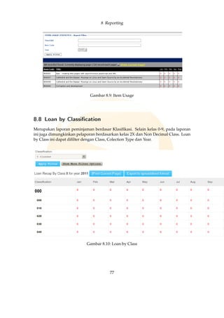 8 Reporting
Gambar 8.9: Item Usage
8.8 Loan by Classication
Merupakan laporan peminjaman berdasar Klasiﬁkasi. Selain kelas 0-9, pada laporan
ini juga dimungkinkan pelaporan berdasarkan kelas 2X dan Non Decimal Class. Loan
by Class ini dapat diﬁlter dengan Class, Colection Type dan Year.
Gambar 8.10: Loan by Class
77
 