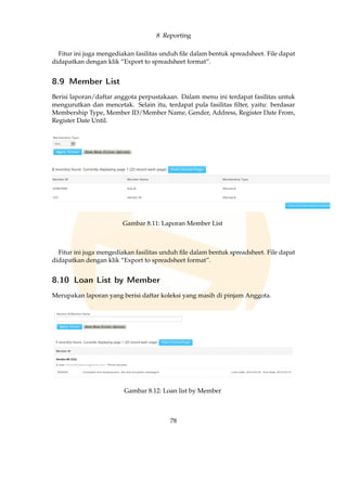 8 Reporting
Fitur ini juga mengediakan fasilitas unduh ﬁle dalam bentuk spreadsheet. File dapat
didapatkan dengan klik “Export to spreadsheet format”.
8.9 Member List
Berisi laporan/daftar anggota perpustakaan. Dalam menu ini terdapat fasilitas untuk
mengurutkan dan mencetak. Selain itu, terdapat pula fasilitas ﬁlter, yaitu: berdasar
Membership Type, Member ID/Member Name, Gender, Address, Register Date From,
Register Date Until.
Gambar 8.11: Laporan Member List
Fitur ini juga mengediakan fasilitas unduh ﬁle dalam bentuk spreadsheet. File dapat
didapatkan dengan klik “Export to spreadsheet format”.
8.10 Loan List by Member
Merupakan laporan yang berisi daftar koleksi yang masih di pinjam Anggota.
Gambar 8.12: Loan list by Member
78
 