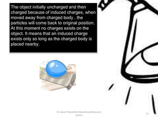 The object initially uncharged and then
charged because of induced charges, when
moved away from charged body , the
particles will come back to original position.
At this moment no charges exists on the
object. It means that an induced charge
exists only so long as the charged body is
placed nearby.
© Jnana Prabodhini Educational Resource
Centre
12
 