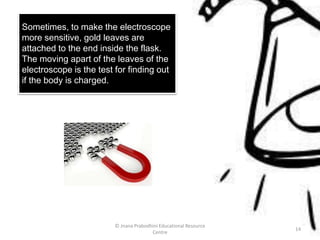 Sometimes, to make the electroscope
more sensitive, gold leaves are
attached to the end inside the flask.
The moving apart of the leaves of the
electroscope is the test for finding out
if the body is charged.
© Jnana Prabodhini Educational Resource
Centre
14
 