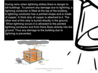 During rains when lightning strikes there is danger to
tall buildings. To prevent any damage due to lightning, a
lightning conductor is fitted at the top of the building.
A lightning conductor has a pointed shape and is made
of copper. A thick strip of copper is attached to it. The
other end of this strip is buried directly in the ground.
When lightning occurs it is attracted to the pointed
lightning conductor and from there flows directly into the
ground. Thus any damage to the building due to
lightning is prevented.
© Jnana Prabodhini Educational Resource
Centre
17
 