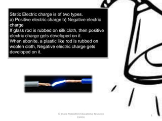 Static Electric charge is of two types.
a) Positive electric charge b) Negative electric
charge
If glass rod is rubbed on silk cloth, then positive
electric charge gets developed on it.
When ebonite, a plastic like rod is rubbed on
woolen cloth, Negative electric charge gets
developed on it.
© Jnana Prabodhini Educational Resource
Centre
5
 