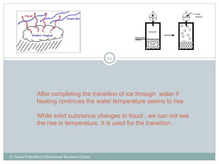 After completing the transition of ice through water if
heating continues the water temperature seems to rise.
While solid...