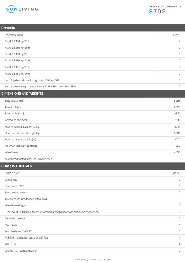 Adria Sun Living S70SL | Technical Specification | TMC Leisure
