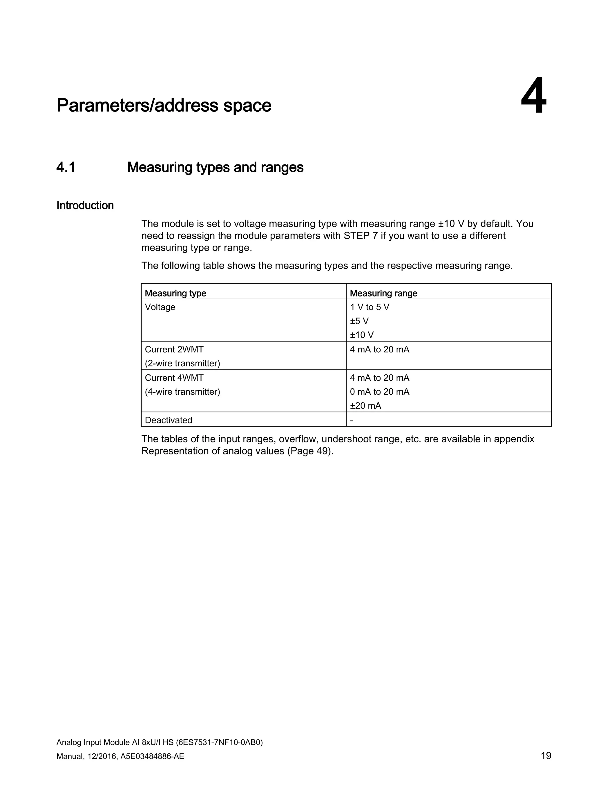 Analog Input Module AI 8xU/I HS (6ES7531-7NF10-0AB0)
Manual, 12/2016, A5E03484886-AE 19
Parameters/address space 4
4.1 Measuring types and ranges
Introduction
The module is set to voltage measuring type with measuring range ±10 V by default. You
need to reassign the module parameters with STEP 7 if you want to use a different
measuring type or range.
The following table shows the measuring types and the respective measuring range.
Measuring type Measuring range
Voltage 1 V to 5 V
±5 V
±10 V
Current 2WMT
(2-wire transmitter)
4 mA to 20 mA
Current 4WMT
(4-wire transmitter)
4 mA to 20 mA
0 mA to 20 mA
±20 mA
Deactivated -
The tables of the input ranges, overflow, undershoot range, etc. are available in appendix
Representation of analog values (Page 49).
 