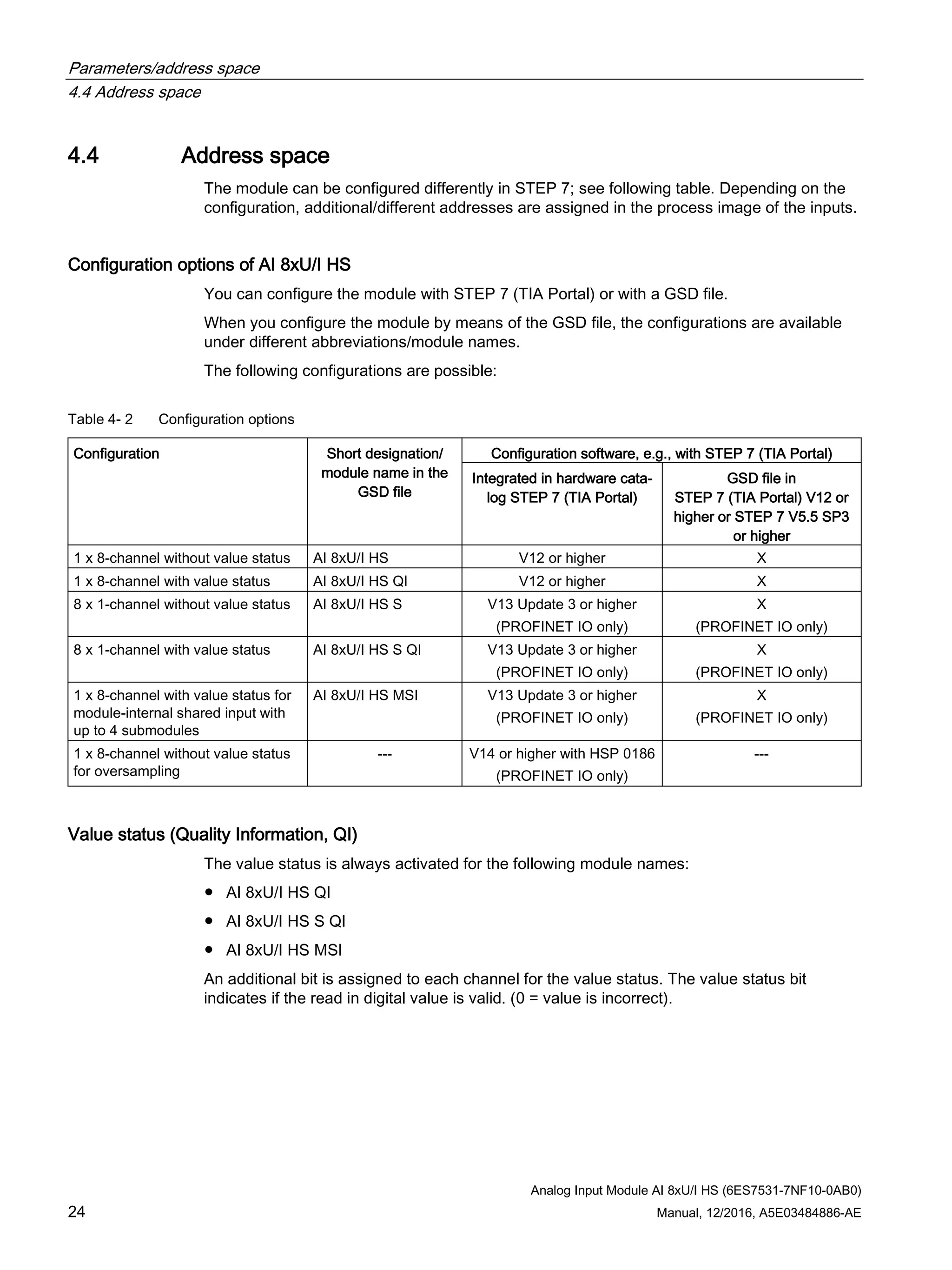 Parameters/address space
4.4 Address space
Analog Input Module AI 8xU/I HS (6ES7531-7NF10-0AB0)
24 Manual, 12/2016, A5E03484886-AE
4.4 Address space
The module can be configured differently in STEP 7; see following table. Depending on the
configuration, additional/different addresses are assigned in the process image of the inputs.
Configuration options of AI 8xU/I HS
You can configure the module with STEP 7 (TIA Portal) or with a GSD file.
When you configure the module by means of the GSD file, the configurations are available
under different abbreviations/module names.
The following configurations are possible:
Table 4- 2 Configuration options
Configuration Short designation/
module name in the
GSD file
Configuration software, e.g., with STEP 7 (TIA Portal)
Integrated in hardware cata-
log STEP 7 (TIA Portal)
GSD file in
STEP 7 (TIA Portal) V12 or
higher or STEP 7 V5.5 SP3
or higher
1 x 8-channel without value status AI 8xU/I HS V12 or higher X
1 x 8-channel with value status AI 8xU/I HS QI V12 or higher X
8 x 1-channel without value status AI 8xU/I HS S V13 Update 3 or higher
(PROFINET IO only)
X
(PROFINET IO only)
8 x 1-channel with value status AI 8xU/I HS S QI V13 Update 3 or higher
(PROFINET IO only)
X
(PROFINET IO only)
1 x 8-channel with value status for
module-internal shared input with
up to 4 submodules
AI 8xU/I HS MSI V13 Update 3 or higher
(PROFINET IO only)
X
(PROFINET IO only)
1 x 8-channel without value status
for oversampling
--- V14 or higher with HSP 0186
(PROFINET IO only)
---
Value status (Quality Information, QI)
The value status is always activated for the following module names:
● AI 8xU/I HS QI
● AI 8xU/I HS S QI
● AI 8xU/I HS MSI
An additional bit is assigned to each channel for the value status. The value status bit
indicates if the read in digital value is valid. (0 = value is incorrect).
 