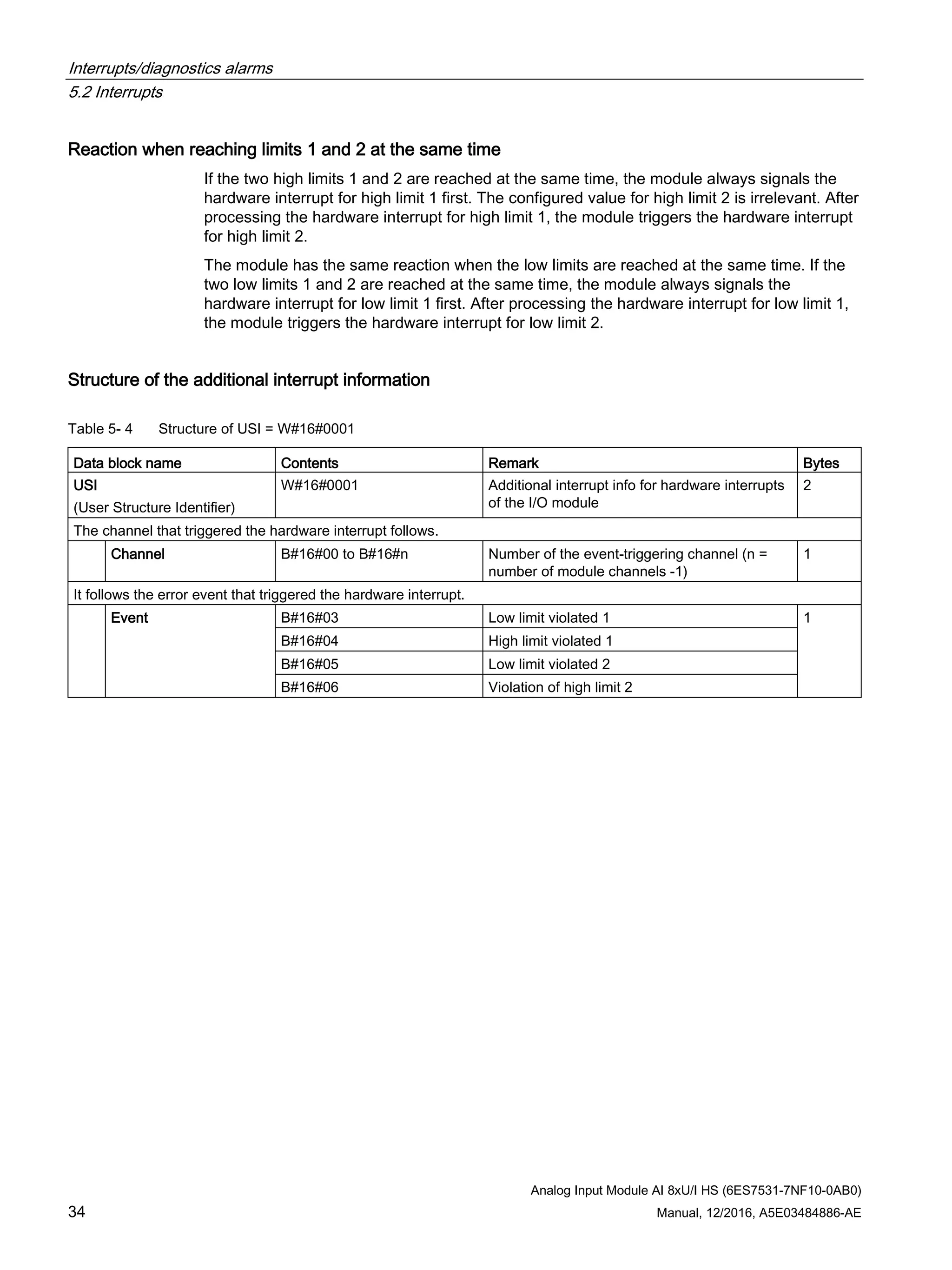 Interrupts/diagnostics alarms
5.2 Interrupts
Analog Input Module AI 8xU/I HS (6ES7531-7NF10-0AB0)
34 Manual, 12/2016, A5E03484886-AE
Reaction when reaching limits 1 and 2 at the same time
If the two high limits 1 and 2 are reached at the same time, the module always signals the
hardware interrupt for high limit 1 first. The configured value for high limit 2 is irrelevant. After
processing the hardware interrupt for high limit 1, the module triggers the hardware interrupt
for high limit 2.
The module has the same reaction when the low limits are reached at the same time. If the
two low limits 1 and 2 are reached at the same time, the module always signals the
hardware interrupt for low limit 1 first. After processing the hardware interrupt for low limit 1,
the module triggers the hardware interrupt for low limit 2.
Structure of the additional interrupt information
Table 5- 4 Structure of USI = W#16#0001
Data block name Contents Remark Bytes
USI
(User Structure Identifier)
W#16#0001 Additional interrupt info for hardware interrupts
of the I/O module
2
The channel that triggered the hardware interrupt follows.
Channel B#16#00 to B#16#n Number of the event-triggering channel (n =
number of module channels -1)
1
It follows the error event that triggered the hardware interrupt.
Event B#16#03 Low limit violated 1 1
B#16#04 High limit violated 1
B#16#05 Low limit violated 2
B#16#06 Violation of high limit 2
 